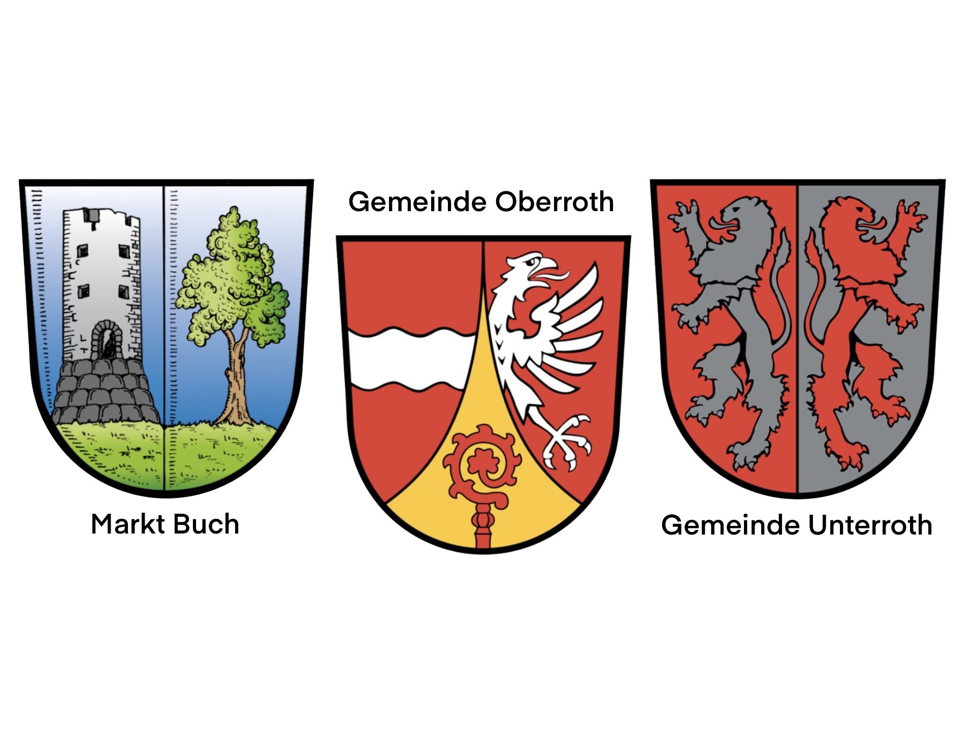 Die Wappen der drei Mitgliedsgemeinden der VGem