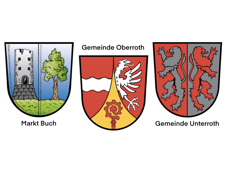 Die Wappen der drei Mitgliedsgemeinden der VGem